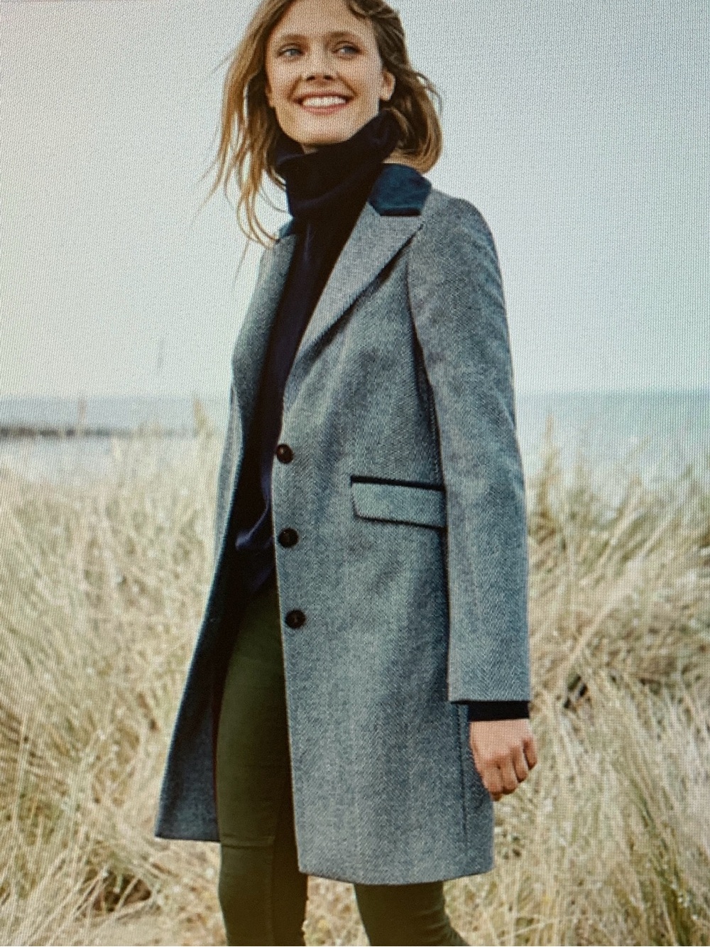 Boden Blue and White Herringbone Pea Coat with Navy Velvet Collar - Picture 5 of 5